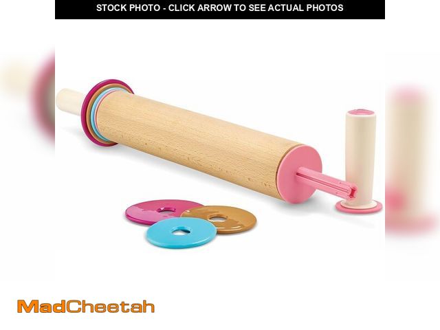 Lot 74-14284613 - Bakelicious Adjustable Rolling Pin, Wood and Nylon Rolling Pin with Thickness Rings, 3.5 x 3.5 x 21....