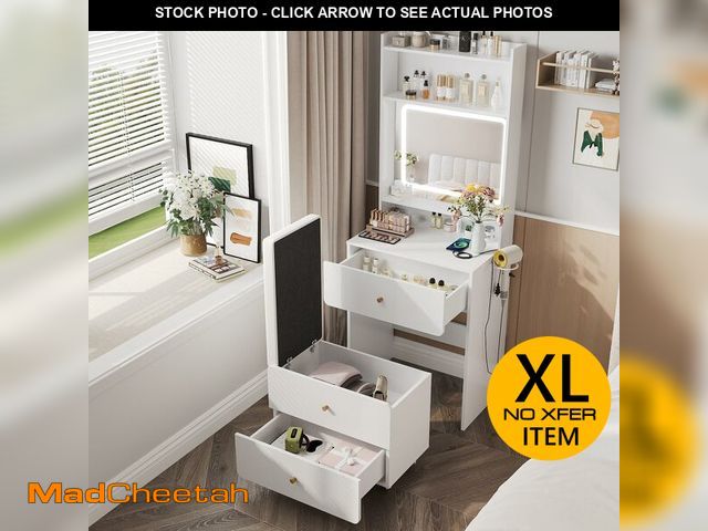 Lot 74-12571754 - Vabches Make Up Vanity Desk with Mirror and Lights, White Vanity Table Set with Charger Station,Girl...
