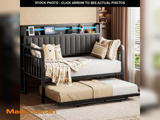 Lot 74-12393632 - Daybed with Trundle and LED Light, Heavy Duty Metal Twin Bed Frame with Upholstered Storage Headboar...