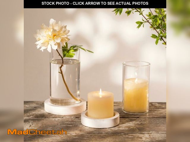 Lot 74-13718162 - NUPTIO Hurricane Candle Holder for Wedding: Glass Cylinder Vase with Distressed White Wood Plate - S...