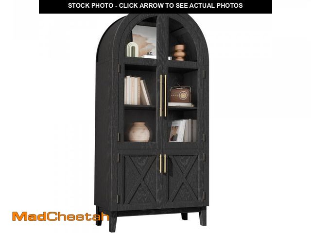 Lot 74-12394015 - infurnic Modern Glass Arched Cabinet, 5-Tier 74'' Tall Arched Bookcase with Storage Door &amp; Wood ...