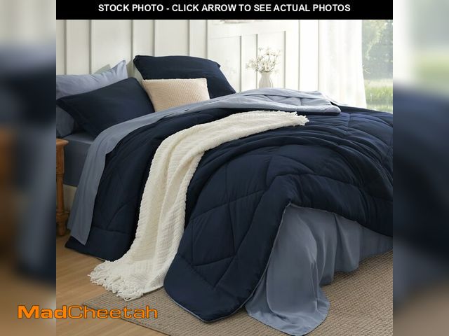 Lot 74-14378441 - Bedsure Full Comforter Set - 7 Pieces Reversible Navy Blue Bedding, Full Size Bed Set for All Season...