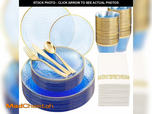 Lot 74-12716707 - Rubtlamp 175 Pcs Plastic Dinnerware Set (25 Guests), Blue Disposable Plates With Gold Rim, Hammered ...