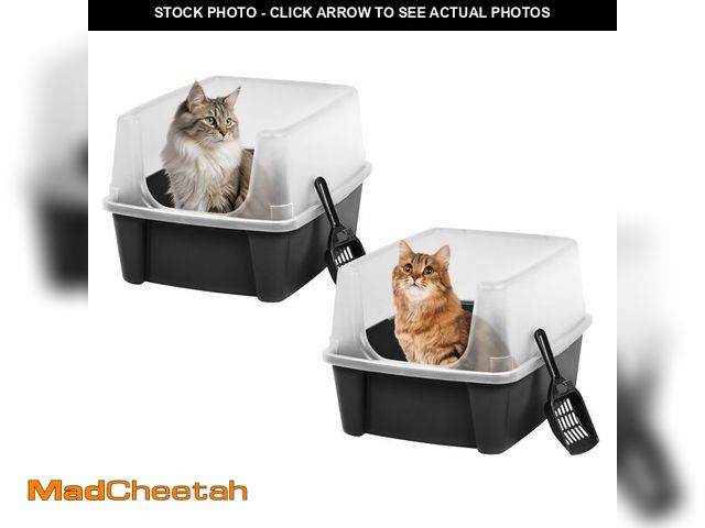 Lot 74-13069693 - IRIS USA 2 Pack Large Open Top Cat Litter Box with High Sides, Scatter Shield &amp; Scoop, Black, fo...
