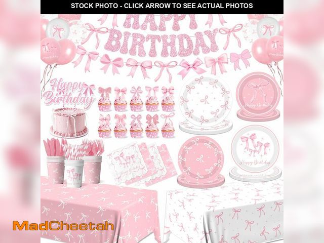 Lot 74-14300909 - Pink Bow Birthday Party Supplies Serve 24, Coquette Birthday Decorations Include Bow Plates Napkins ...