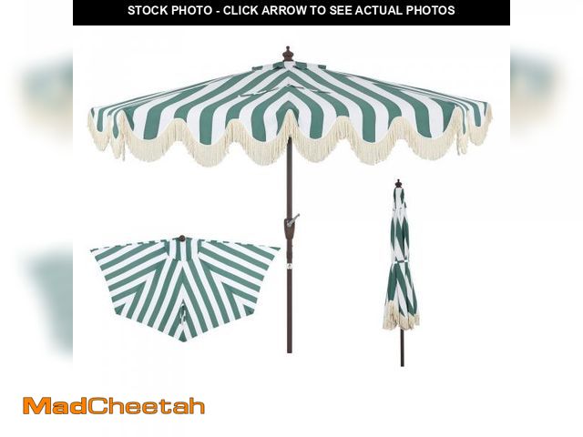 Lot 74-12162201 - Jonathan Y 9ft Half Market Umbrella, Scalloped Fringe, Crank, Button Tilt, Uv Protection - Green/whi...