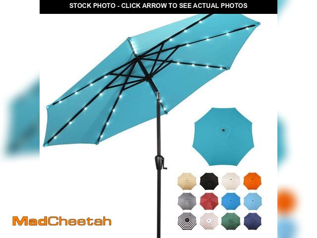 Lot 74-14306896 - Sun-Ray 9 ft. Steel Market Solar Lighted 8-Rib Round Patio Umbrella in Aqua - UNUSED