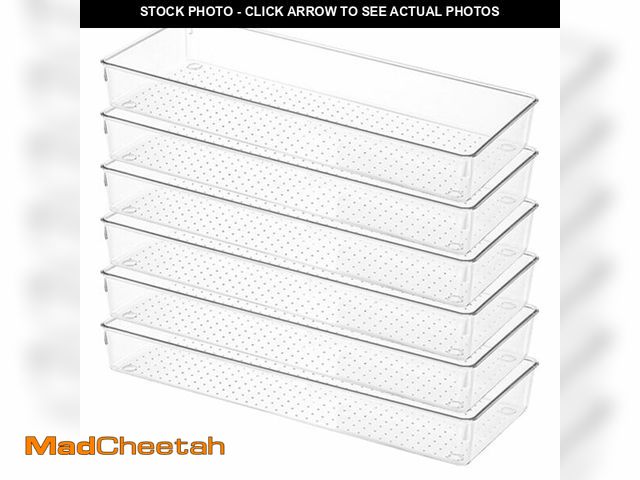 Lot 74-14273910 - Voittozege 6 Pack Clear Drawer Organizer Trays Plastic Drawer Organizers Set 15 x 6 x 2 Inch Desk Dr...