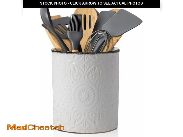 Lot 74-12806924 - Comfify Large Ceramic Kitchen Utensil Holder with Vintage Old-Fashioned Floral Pattern - Elegant Whi...