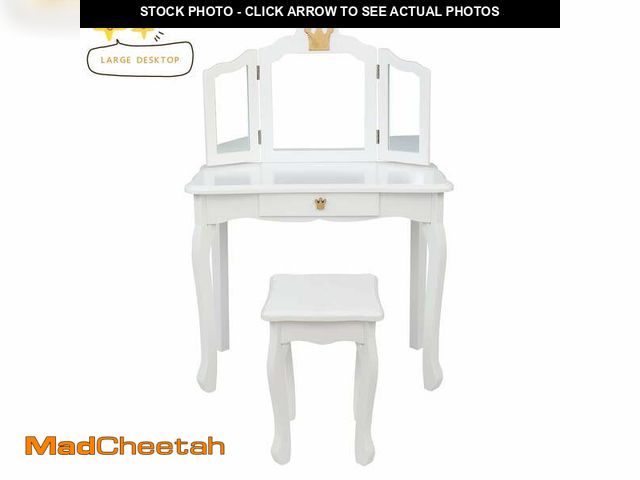 Lot 74-11111612 - (MISSING 1 LEG) Zimtown Girls Crown Style Wooden Makeup Desk w/ Mirror,Stool,Drawer White - USED