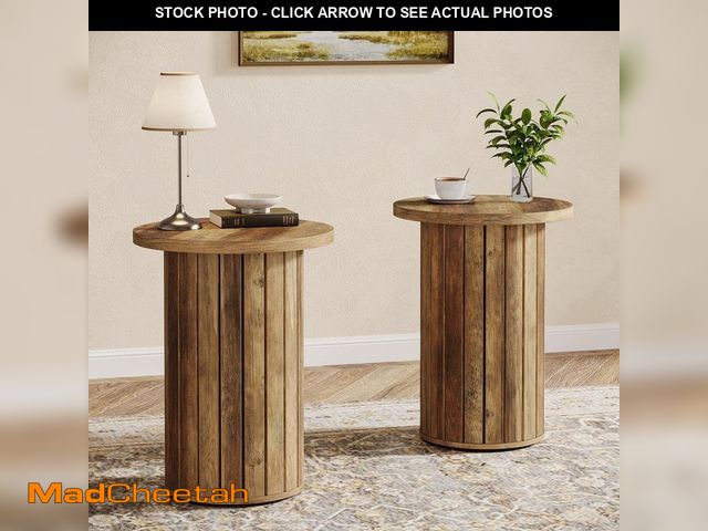 Lot 74-12534680 - BYBLIGHT Kerlin 19.7 in. Brown Couch Side Table Set of 2, Round Wood End Table with Cylindrical Pede...
