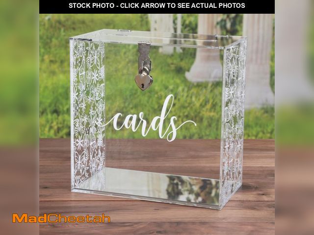 Lot 74-12373132 - UNIQOOO Clear Acrylic Card Box w/Lock, Thick Silver Wedding Box w/Slot White Floral Print, Large 10x...