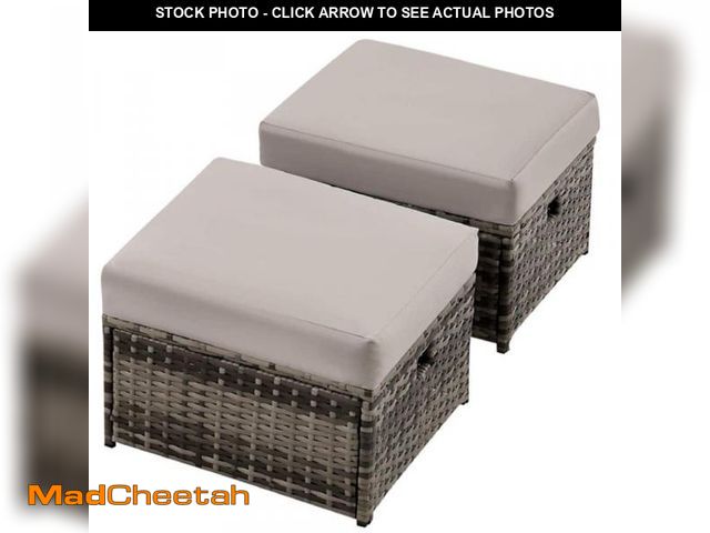 Lot 74-12424738 - JUSKYS 2-Piece Gray Wicker Outdoor Patio Ottoman,Outdoor Dining Chairs withÃâÃ  Gray Cushions - ...