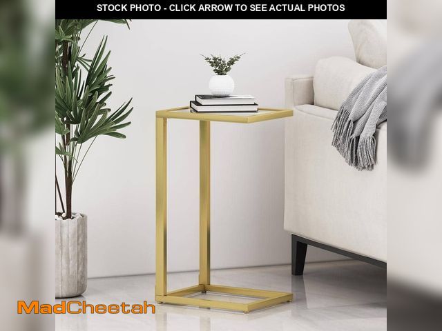 Lot 74-12939837 - Noble House Mohar 11.5 in. Gold Glass Top C-Shaped Side Table - UNUSED