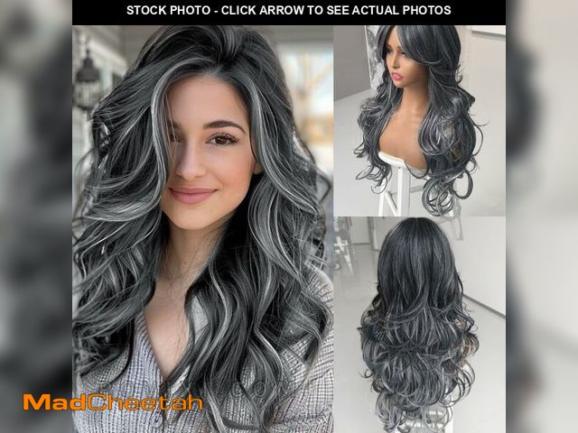 Lot 74-13541954 - Dark Gray Highlight Wigs for Women Long Layered Wavy Wig with Curtain Bangs Synthetic Wig Black Mixd...