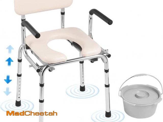 Lot 74-12137346 - VEVOR Commode Chair, Bedside Commode with Padded Seat, Drop-Down Arms, 7-Level Adjustable Height, 5....