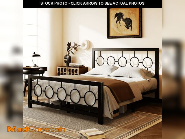 Lot 74-13053624 - Amolife Queen Size Bed Frame, Heavy Duty Metal Platform Bed with Vintage Circular Headboard &amp; Fo...