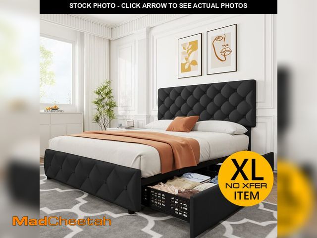Lot 74-12568894 - GarveeHome Queen Size Bed Frame with 4 Storage Drawers and Adjustable Headboard, Linen Upholstered P...