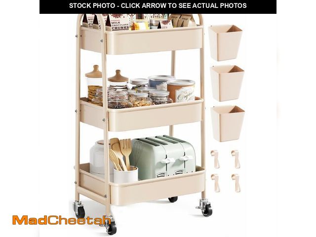 Lot 74-14145173 - Beige 3 Tier Rolling Cart Metal on Wheels, Three Tiered Storage Organizer Utility Trolley with Wheel...