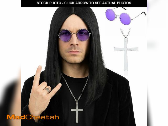 Lot 74-12975515 - morvally Long Black Straight 80s Heavy Metal Rocker Wig for Men - Center Parting Natural Synthetic H...