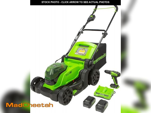 Lot 74-12397954 - Greenworks 48V (2 x 24V) 17" Brushless Cordless Lawn Mower + 24V Drill / Driver, (2) 4.0Ah USB Batte...