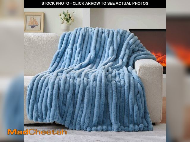 Lot 74-13710055 - Lotus Karen Faux Fur Twin Blanket for Couch, Cozy Soft Fluffy Fuzzy Blue Blanket, Striped Warm Thick...