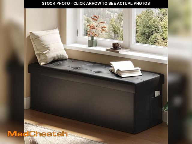 Lot 74-12421193 - Pinmoco 43" Storage Ottoman Bench Folding Leather Storage Bench with White Blanket and Side Pocket f...