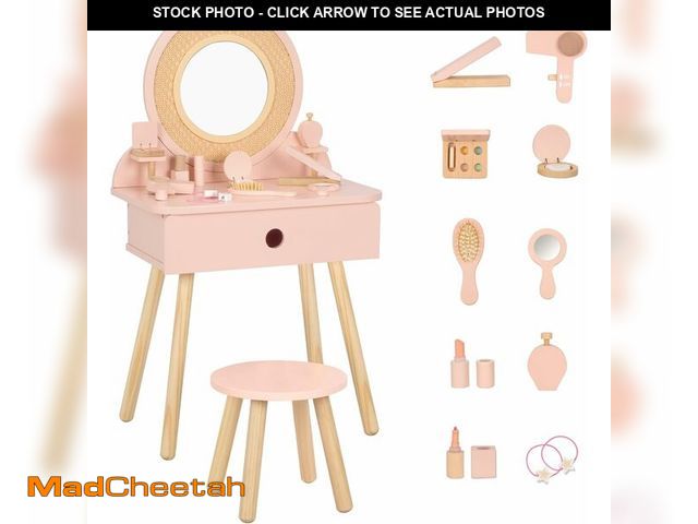 Lot 74-13710272 - OOOK Kids Vanity Table and Chair Set, Pink Girls Vanity with 11 Pcs Accessories, Enough for Real and...