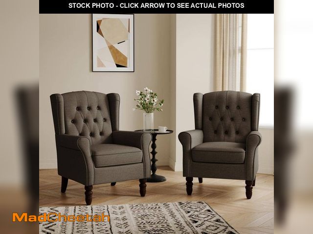 Lot 74-14344391 - (MISSING ONE CHAIR) Uixe Taupe Linen Button Tufted Design Accent Arm Chair (Set of 2) - UNUSED