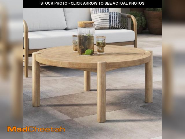 Lot 74-12518695 - Nathan James Bora Weathered Brown Round Wood Farmhouse Outdoor Coffee Table with Slatted Tabletop, S...