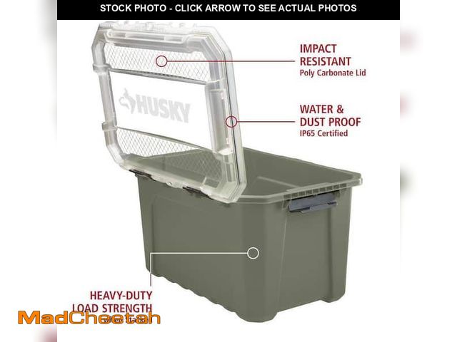 Lot 74-14360701 - Husky 20-Gal. Professional Heavy Duty Waterproof Stackable Plastic Storage Container with Hinged Lid...