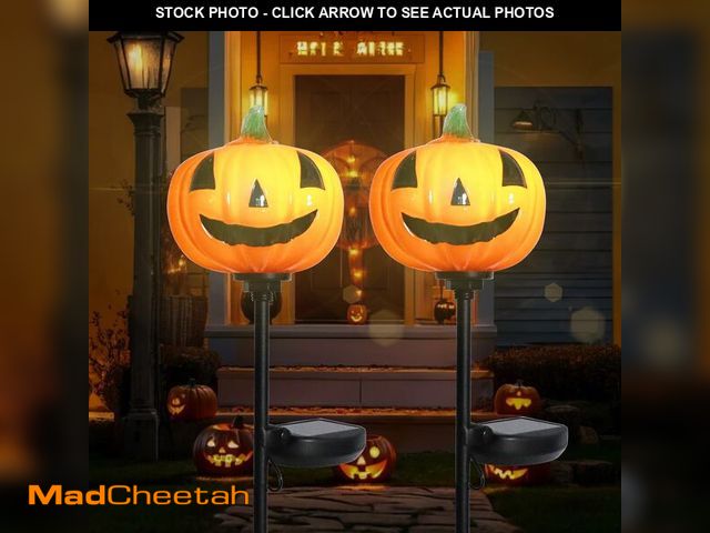 Lot 74-12710204 - Bshine Solar Garden Lights Pumpkin Halloween Decorations, Outdoor Hand Blown Glass Pumpkin Metal Sta...