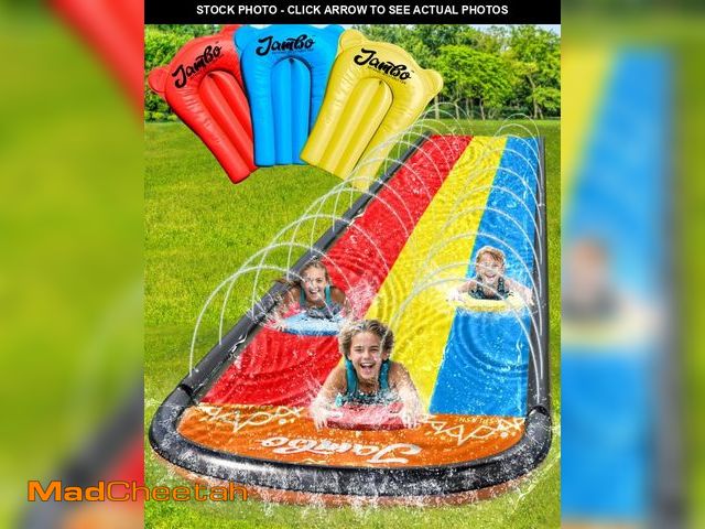 Lot 74-12308318 - JAMBO Premium Triple Water Slide and 3 Bodyboards, Updated Model Slip Splash and Slide Heavy Duty Wa...