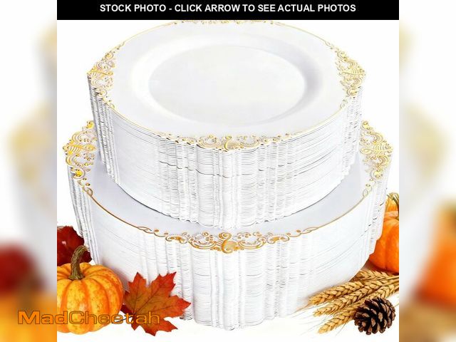 Lot 74-12713462 - Joyido 102PCS White and Gold Plastic Plates - Heavy Duty Gold Disposable Plates Include 51PCS 7.5inc...