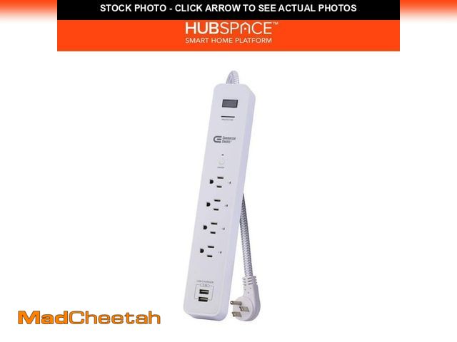 Lot 74-14276175 - Commercial Electric 3 ft. 4-Outlet White Surge Protector Smart with USB Powered by Hubspace - UNUSED
