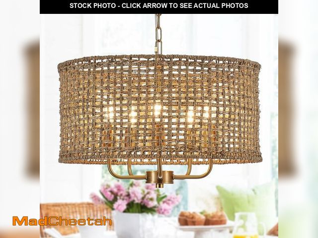 Lot 74-13214911 - YOMECOO Hand-Woven Rattan Chandelier Vintage Farmhouse Boho Bamboo Golden Chandelier Light Fixture R...
