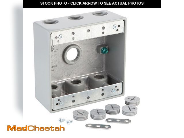 Lot 74-14355831 - Commercial Electric 2-Gang Metallic Weatherproof Outlet Box with (7) 1/2 in. Holes, Gray - UNUSED