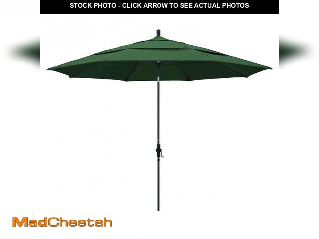 Lot 74-12195359 - California Umbrella 11' Round Aluminum Market Umbrella, Crank Lift, Collar Tilt, Hunter Green - UNUS...