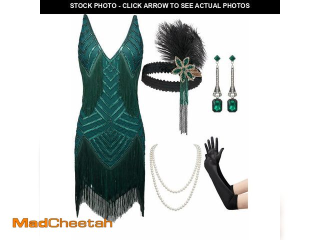 Lot 74-13954854 - SWEETV Great Gatsby Dresses for Women,Green Flapper Dresses 1920s Fringe Cocktail Party Dress Roarin...
