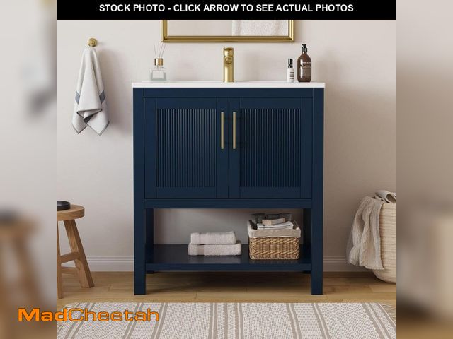 Lot 74-12640374 - DELUXE DL LIVING Blake 31 in. Single Sink Navy Blue Bath Vanity with White Engineered Solid Surface ...