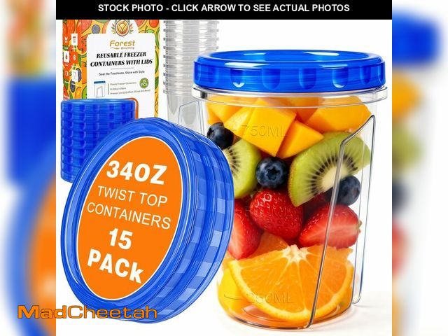 Lot 74-14263314 - 15 Pack 34oz Reusable Freezer Storage Containers with Twist Top Lids Airtight, Clear Plastic Soup Fr...