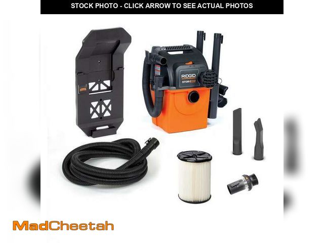 Lot 74-14256543 - RIDGID 5 Gal. 5.0 Peak HP Portable Wall Mount Shop Vacuum WD5500 Wet Dry Vac with Filter, Hoses, Acc...