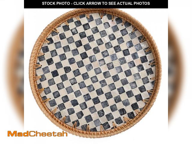Lot 74-11558078 - Tynulox Round Rattan Tray with Mother of Pearl Inlay, Rattan Serving Tray for Coffee, Bread, Fruits,...