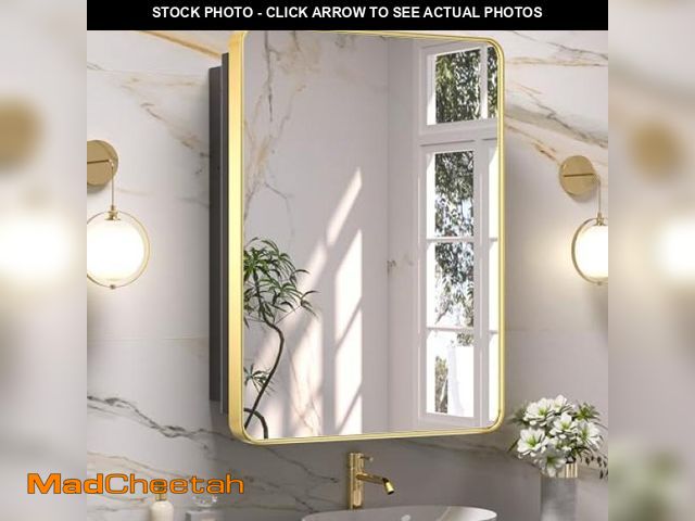 Lot 74-12167542 - Keonjinn 24 x 32 Inch Gold Recessed Medicine Cabinets, Bathroom Mirrored Medicine Cabinet, Dim Brush...