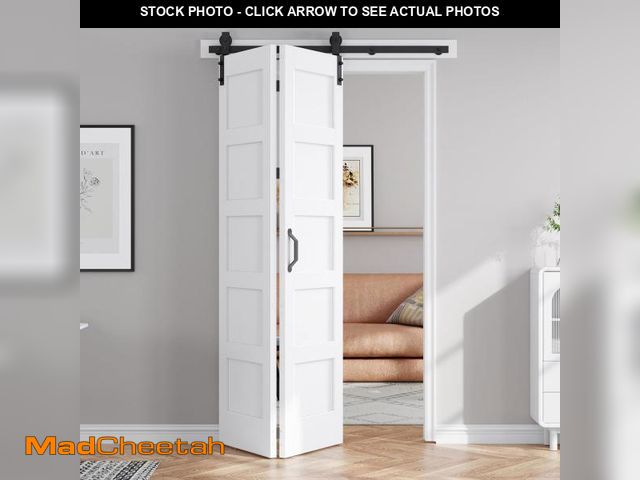 Lot 74-12489891 - FREDBECK 48X84(Double 24x84) Bi-fold Barn Door Folding Doors White with 52" Hardware Kit,Interior Wa...