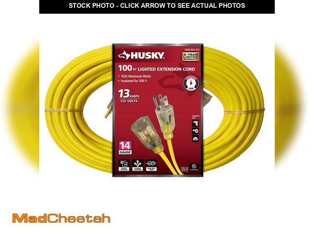 Lot 74-12691544 - *DIRTY/SCRATCHED* Husky 100 ft. 14/3 Medium Duty Indoor/Outdoor Extension Cord with Lighted End, Yel...