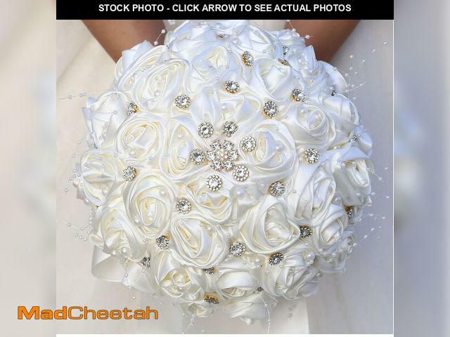 Lot 74-14211277 - Mhojpik Bridal Wedding Bouquet Round Bling Brooch Bouquet Throw Toss Artificial Rose Flower Bunch fo...