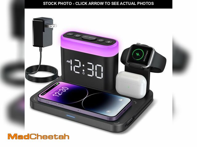 Lot 74-14206111 - ANJANK Wireless Charging Station,5 in 1 Multiple Charger Stand with Alarm Clock,7 Night Light,Magnet...