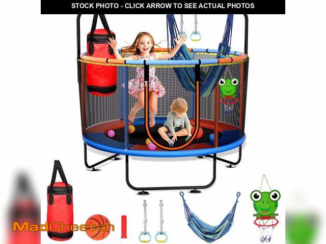 Lot 74-13815301 - Skyhot 55" Indoor Outdoor Mini Round Trampoline for Kids with Enclosure Net and Basketball Hoop - US...