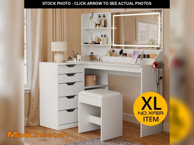 Lot 74-12780962 - Homall L-Shaped Vanity Set with LED Mirror, Power Outlet, Makeup Vanity Desk with 2 Shelves, 5 Drawe...